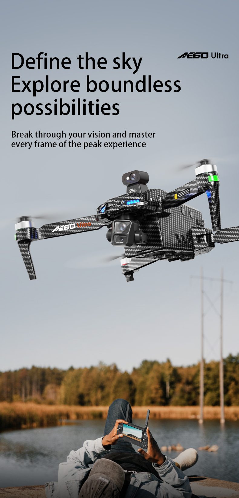 Airdrop GPS Drone 7.2" Screen 7KM Three-Axis Gimbal HD Camera UAV AE60