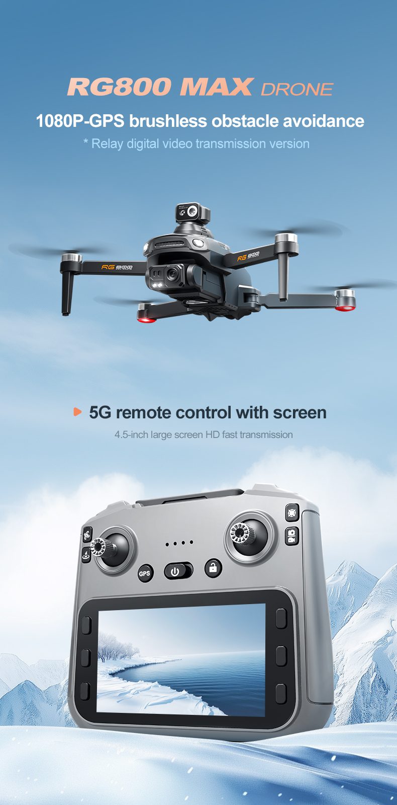 GPS Drone 4.5" Remote Control Screen 5G Relay HD Camera UAV RG800MAX