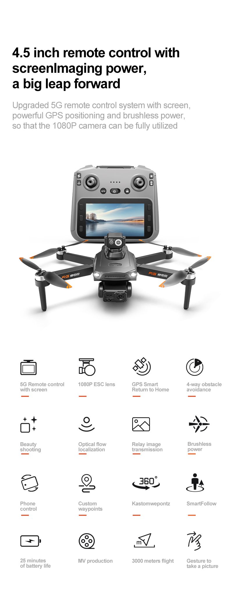 GPS Drone 4.5" Remote Control Screen 5G Relay HD Camera UAV RG800MAX