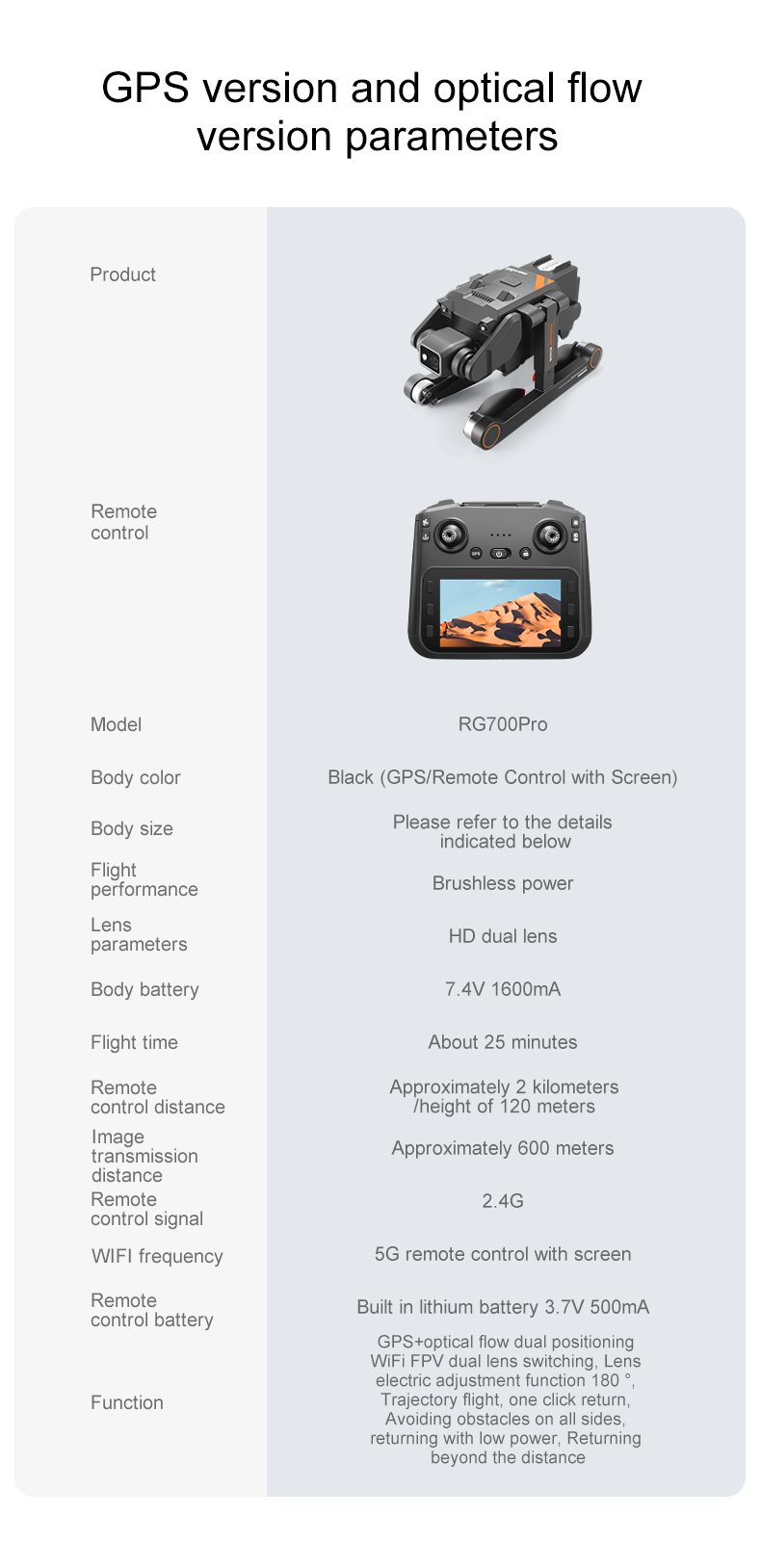 GPS Drone 4.5" Remote Control Screen 5G HD Camera UAV RG700PRO