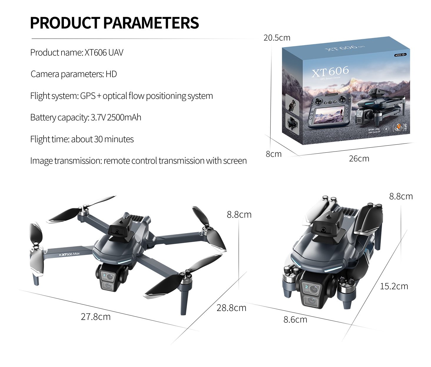 GPS Drone 4.3" Remote Control Screen 4K HD Camera UAV XT606