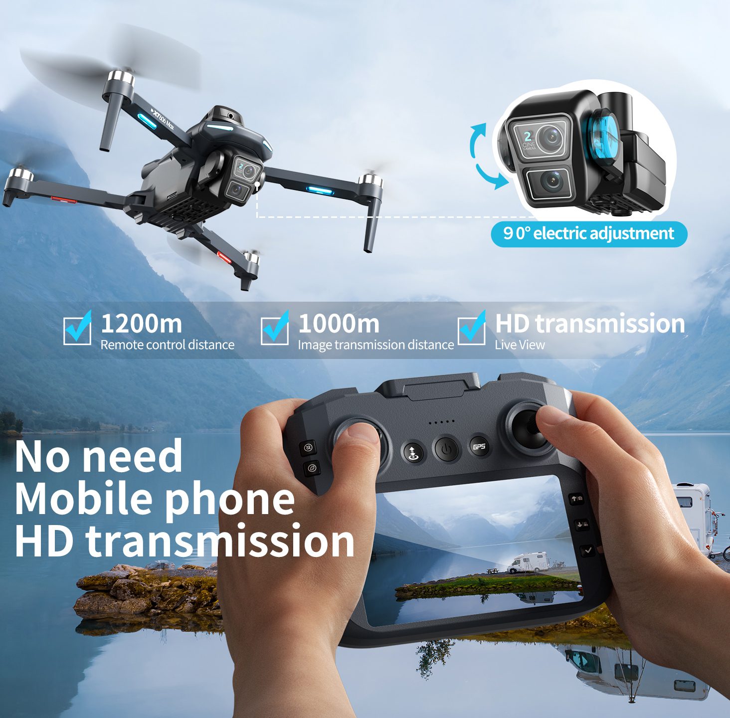 GPS Drone 4.3" Remote Control Screen 4K HD Camera UAV XT606