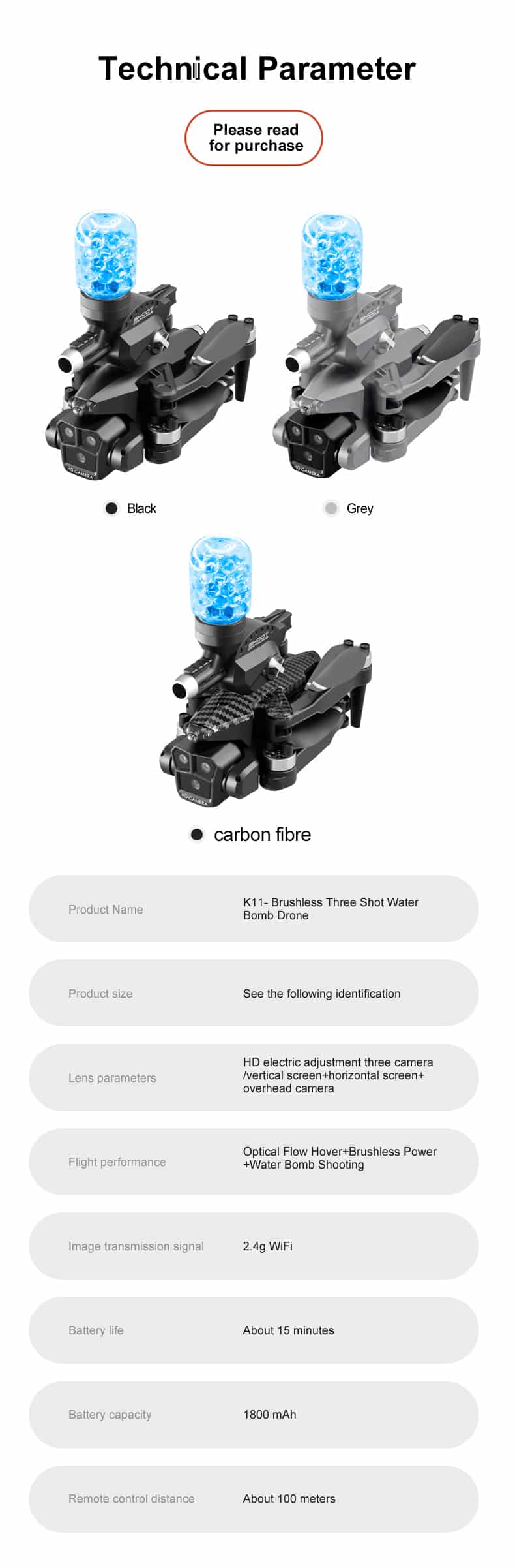 Water Bomb Drone Toy Three Camera UAV K11MX