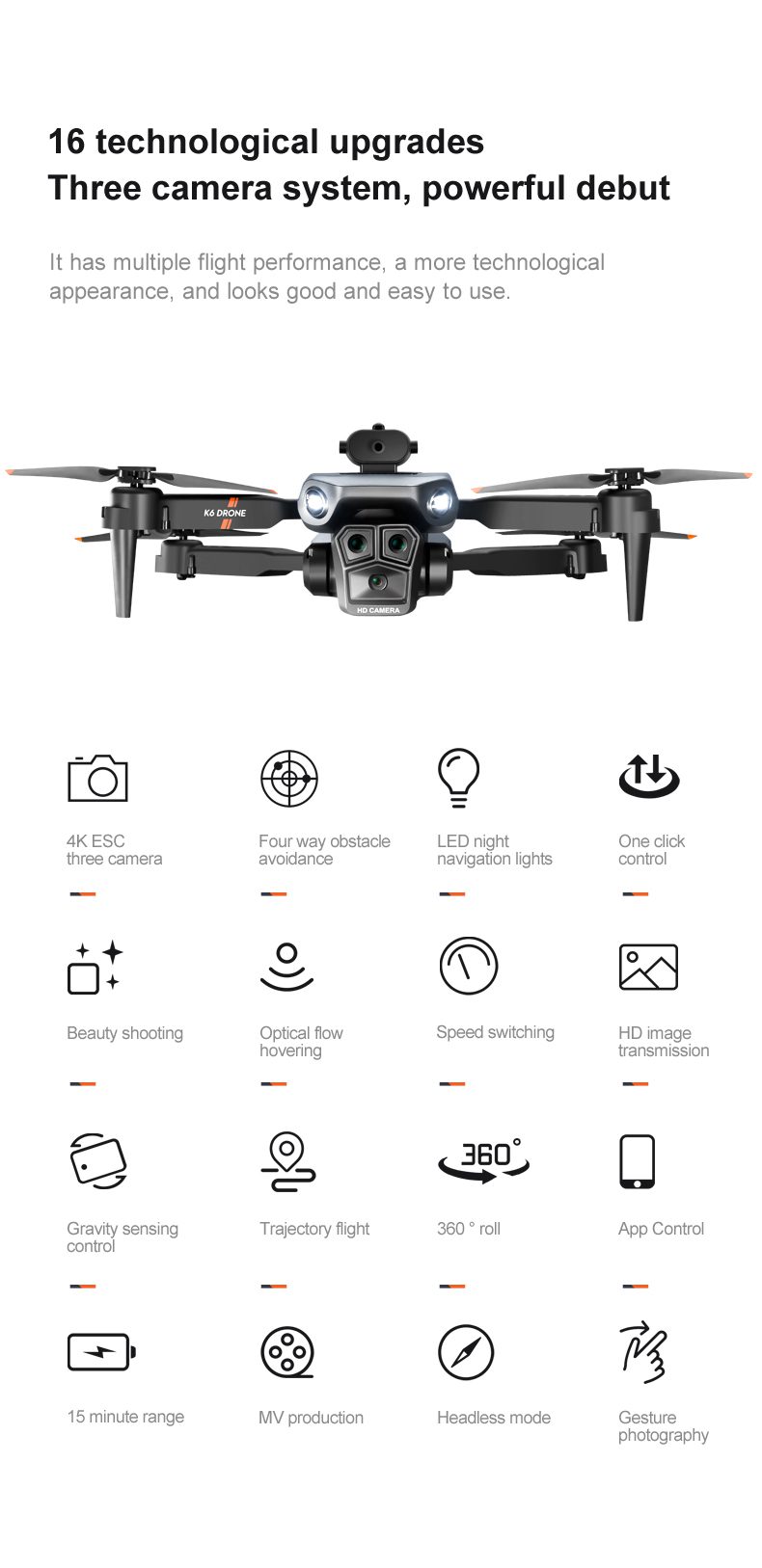 Triple Camera Obstacle Avoidance Optical Flow Drone Toy K6MAX