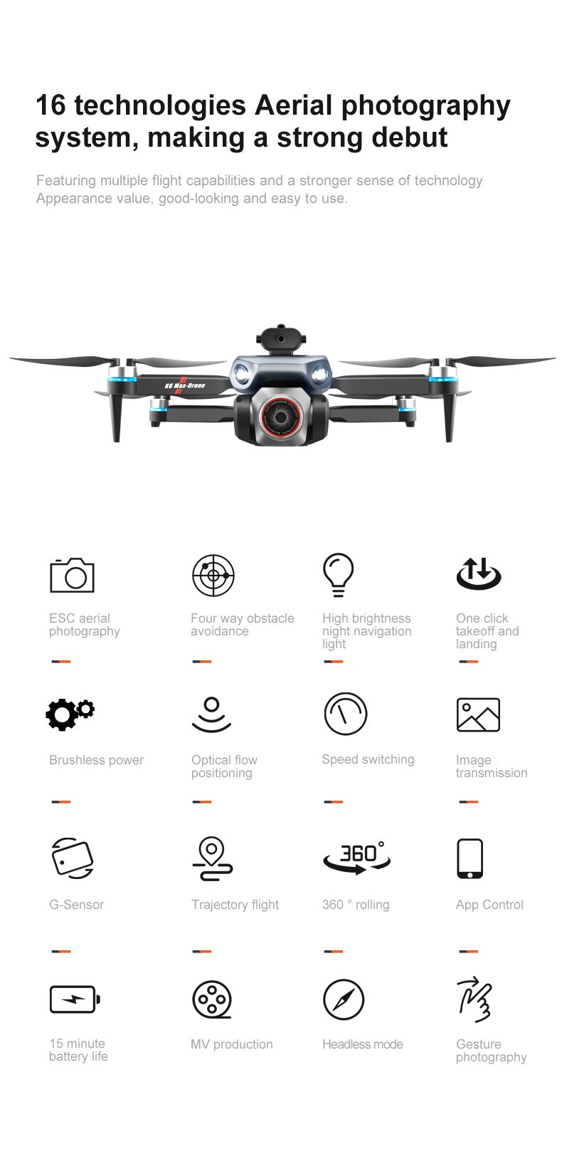 Screen Control Obstacle Avoidance Optical Flow Drone Toy K6MAX